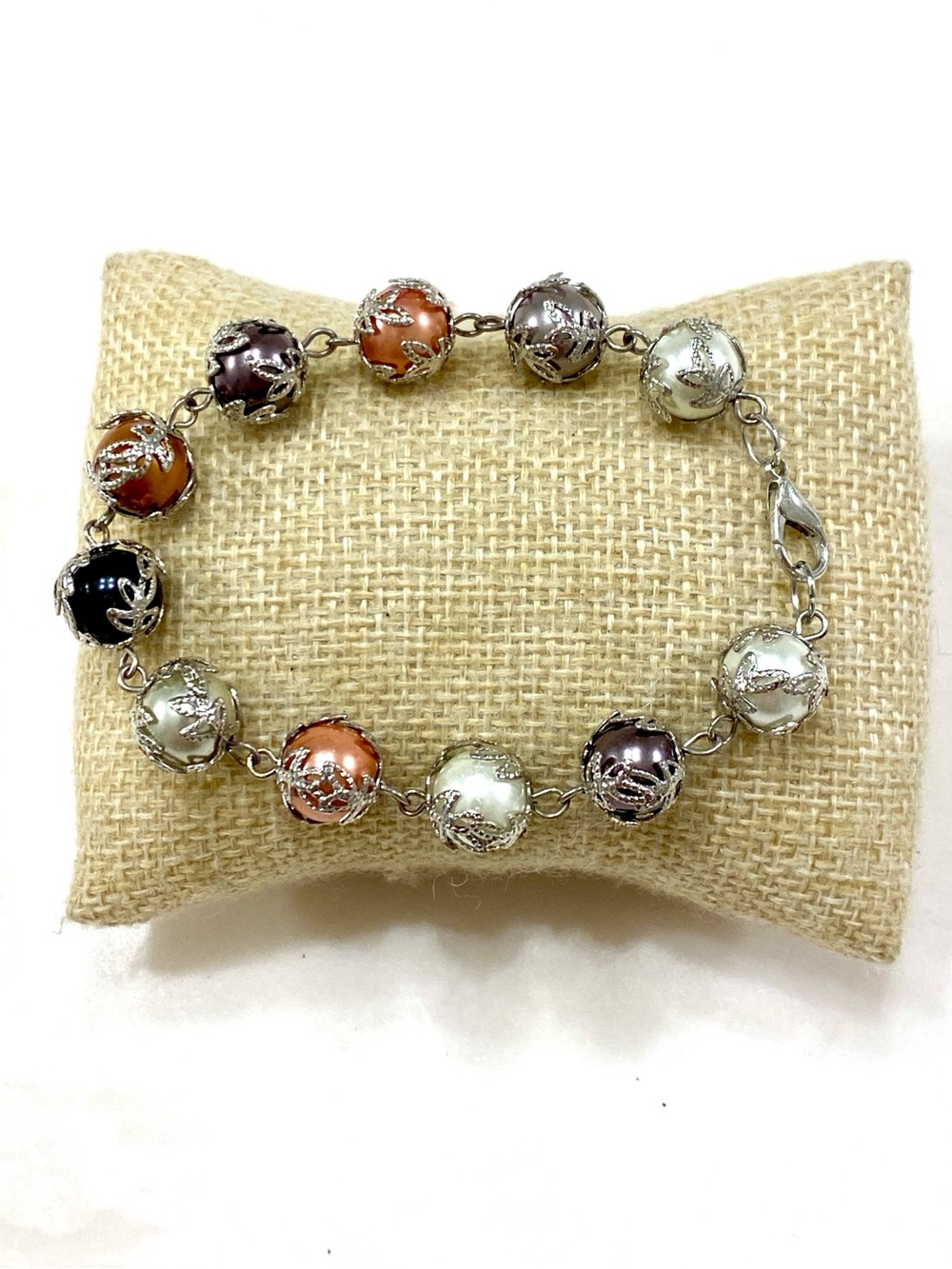Multi-Color Pearl Bead Bracelet with Silver Filigree